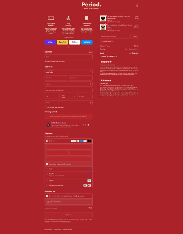 The Period Company checkout page showing The Period Company discount code box | Screenshot taken by SimplyCodes community member on Sep 3, 2025