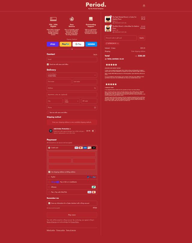 The Period Company checkout page showing The Period Company discount code box | Screenshot taken by SimplyCodes community member on Aug 12, 2025