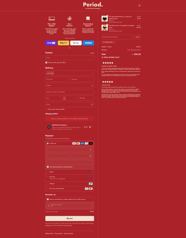 The Period Company checkout page showing The Period Company discount code box | Screenshot taken by SimplyCodes community member on Aug 26, 2025