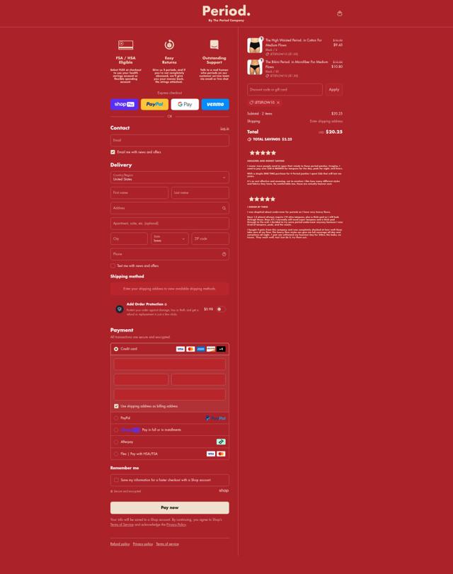 The Period Company checkout page showing The Period Company discount code box | Screenshot taken by SimplyCodes community member on Aug 9, 2025