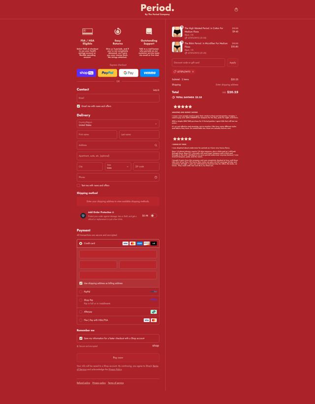 The Period Company checkout page showing The Period Company discount code box | Screenshot taken by SimplyCodes community member on Aug 22, 2025
