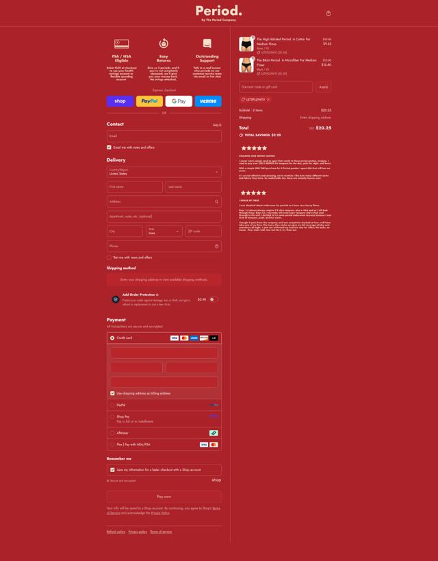 The Period Company checkout page showing The Period Company discount code box | Screenshot taken by SimplyCodes community member on Aug 30, 2025