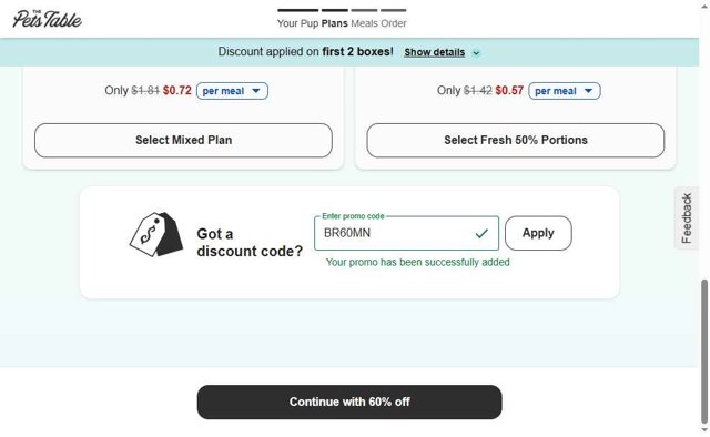 The Pets Table checkout page showing The Pets Table discount code box | Screenshot taken by SimplyCodes community member on Aug 25, 2025