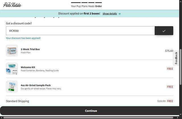 The Pets Table checkout page showing The Pets Table discount code box | Screenshot taken by SimplyCodes community member on Jul 27, 2025
