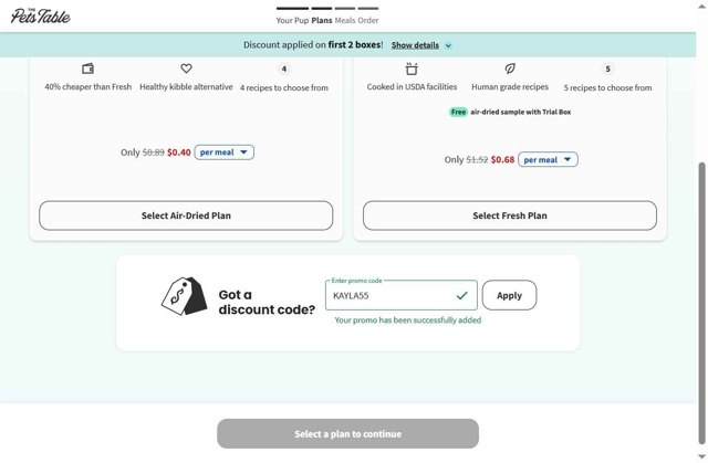 The Pets Table checkout page showing The Pets Table discount code box | Screenshot taken by SimplyCodes community member on Aug 21, 2025