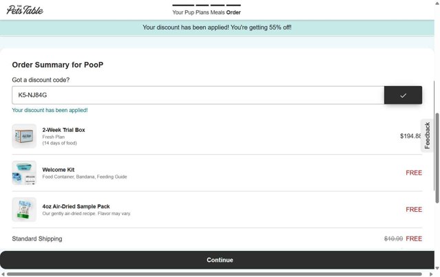 The Pets Table checkout page showing The Pets Table discount code box | Screenshot taken by SimplyCodes community member on Aug 1, 2025