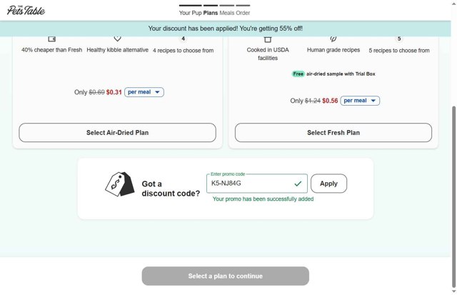 The Pets Table checkout page showing The Pets Table discount code box | Screenshot taken by SimplyCodes community member on Jul 17, 2025