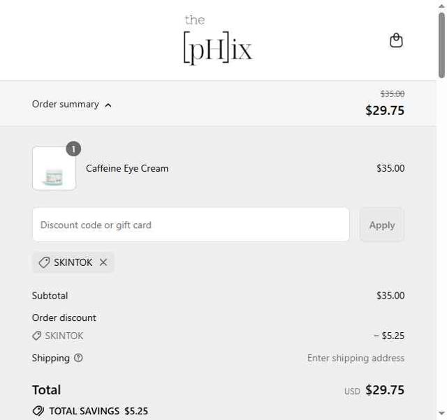 The [pH]ix checkout page showing The [pH]ix coupon code box | Screenshot taken by SimplyCodes community member on Sep 15, 2025