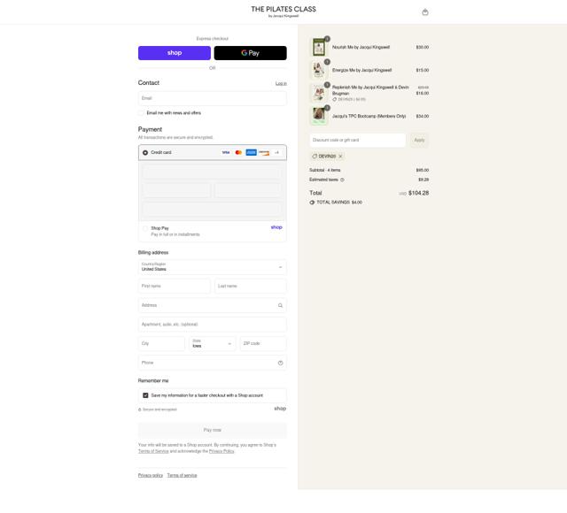The Pilates Class checkout page showing The Pilates Class promo code box | Screenshot taken by SimplyCodes community member on Sep 6, 2025