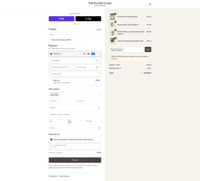 The Pilates Class checkout page showing The Pilates Class promo code box | Screenshot taken by SimplyCodes community member on Sep 10, 2025