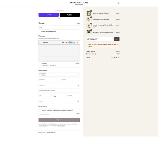 The Pilates Class checkout page showing The Pilates Class promo code box | Screenshot taken by SimplyCodes community member on Sep 2, 2025