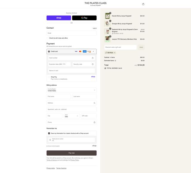 The Pilates Class checkout page showing The Pilates Class promo code box | Screenshot taken by SimplyCodes community member on Aug 29, 2025