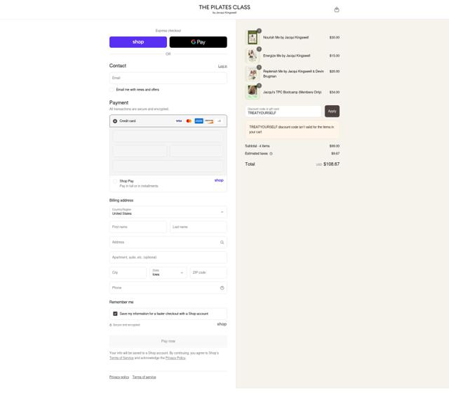 The Pilates Class checkout page showing The Pilates Class promo code box | Screenshot taken by SimplyCodes community member on Sep 6, 2025