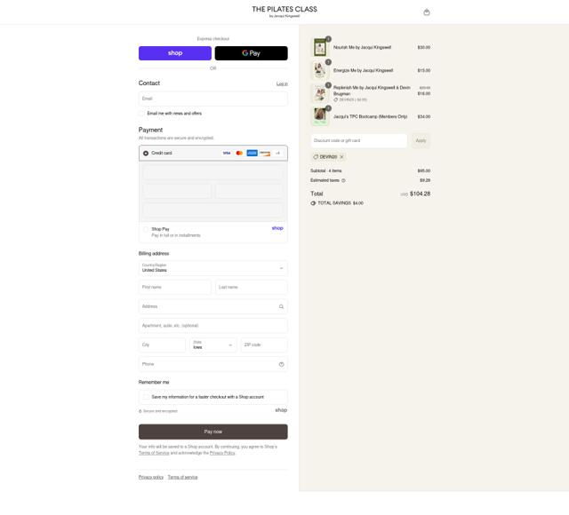 The Pilates Class checkout page showing The Pilates Class promo code box | Screenshot taken by SimplyCodes community member on Sep 2, 2025