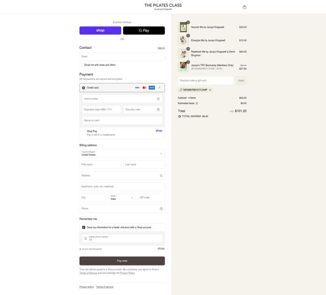 The Pilates Class checkout page showing The Pilates Class promo code box | Screenshot taken by SimplyCodes community member on Sep 10, 2025