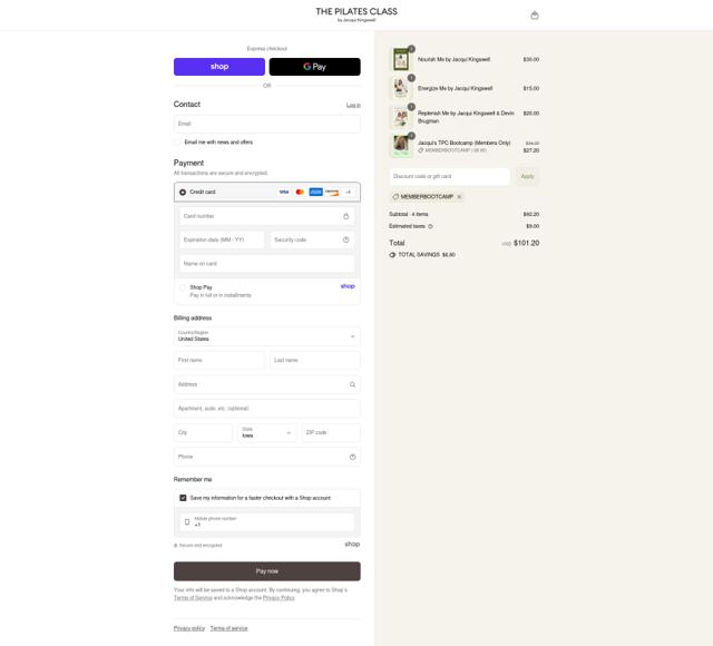 The Pilates Class checkout page showing The Pilates Class promo code box | Screenshot taken by SimplyCodes community member on Sep 6, 2025
