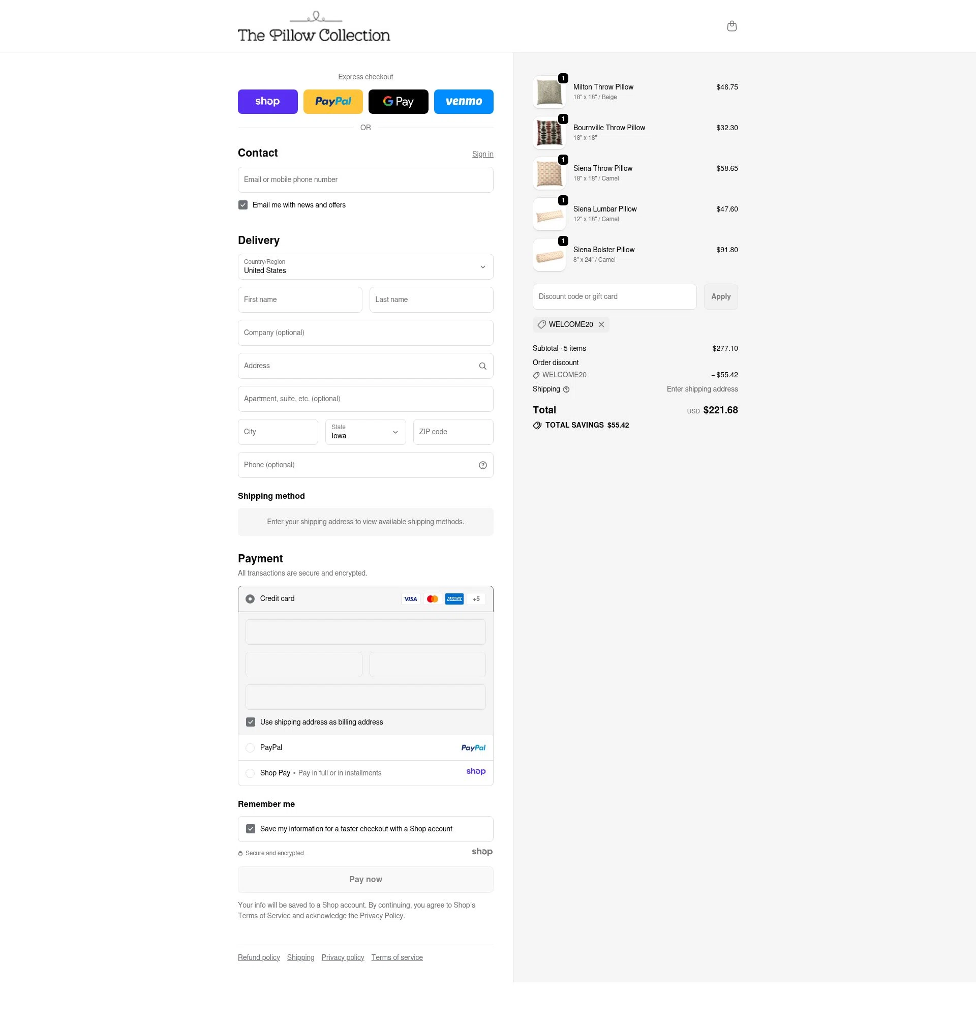 The Pillow Collection checkout page showing The Pillow Collection promo code box | Screenshot taken by SimplyCodes community member on Nov 17, 2025