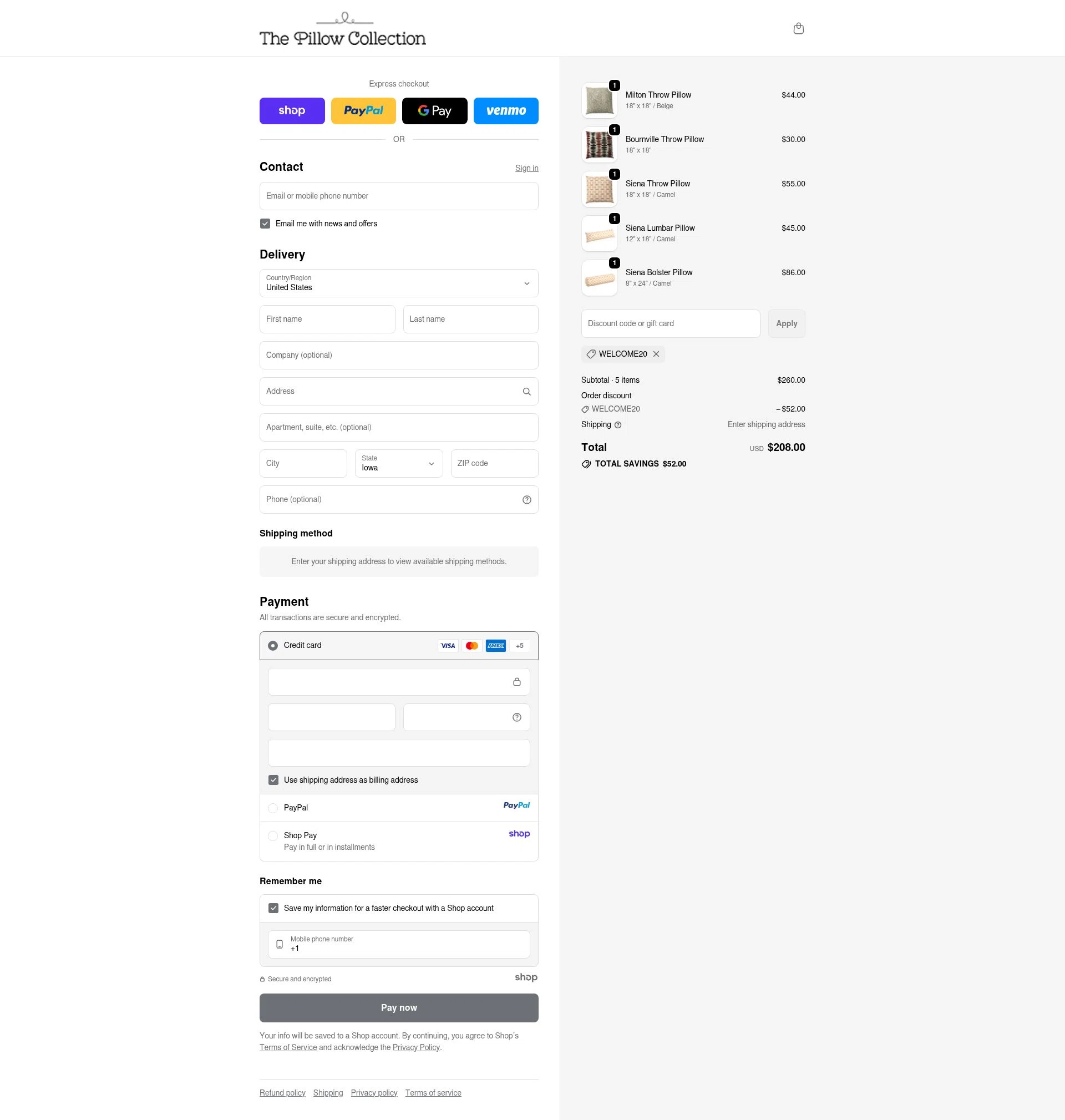 The Pillow Collection checkout page showing The Pillow Collection promo code box | Screenshot taken by SimplyCodes community member on Oct 9, 2025