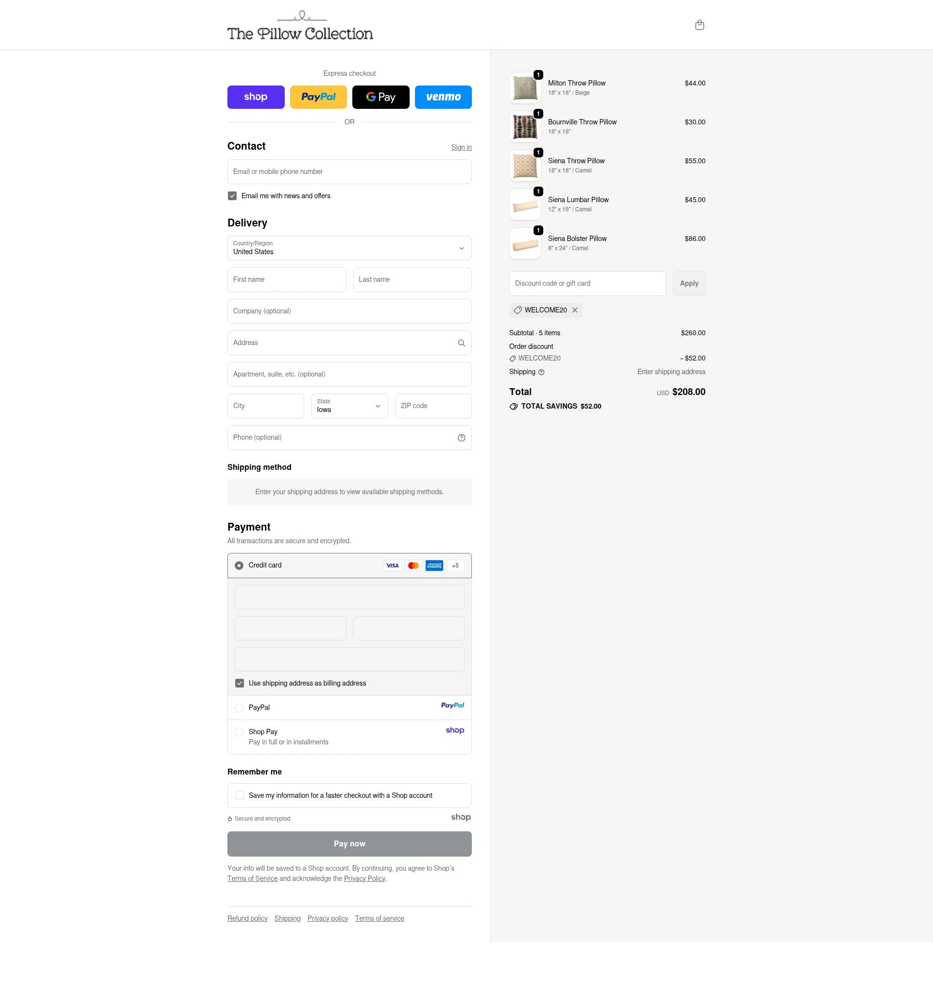 The Pillow Collection checkout page showing The Pillow Collection promo code box | Screenshot taken by SimplyCodes community member on Oct 29, 2025