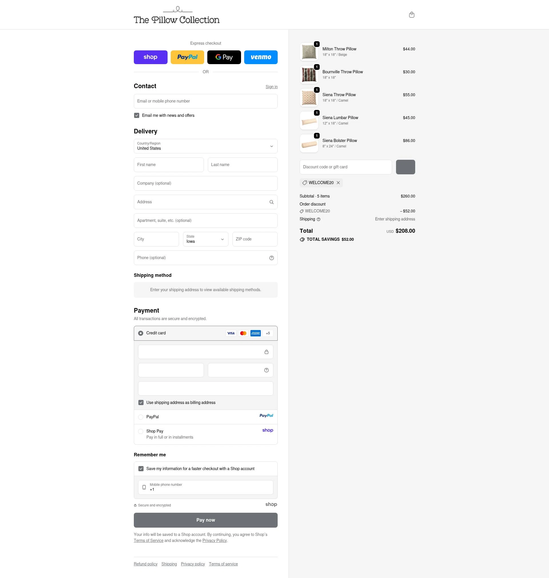 The Pillow Collection checkout page showing The Pillow Collection promo code box | Screenshot taken by SimplyCodes community member on Oct 25, 2025