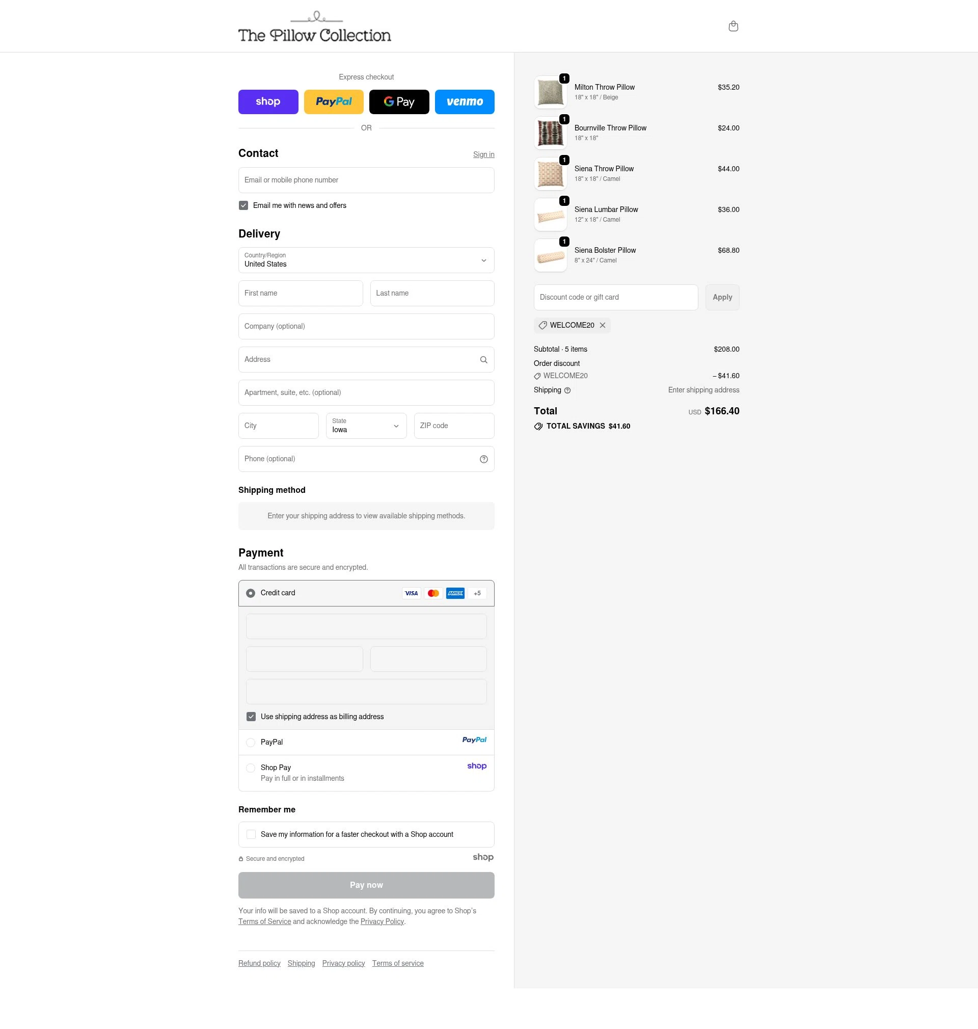 The Pillow Collection checkout page showing The Pillow Collection promo code box | Screenshot taken by SimplyCodes community member on Oct 17, 2025