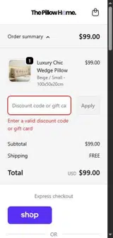 The Pillow Home coupon verification screenshot