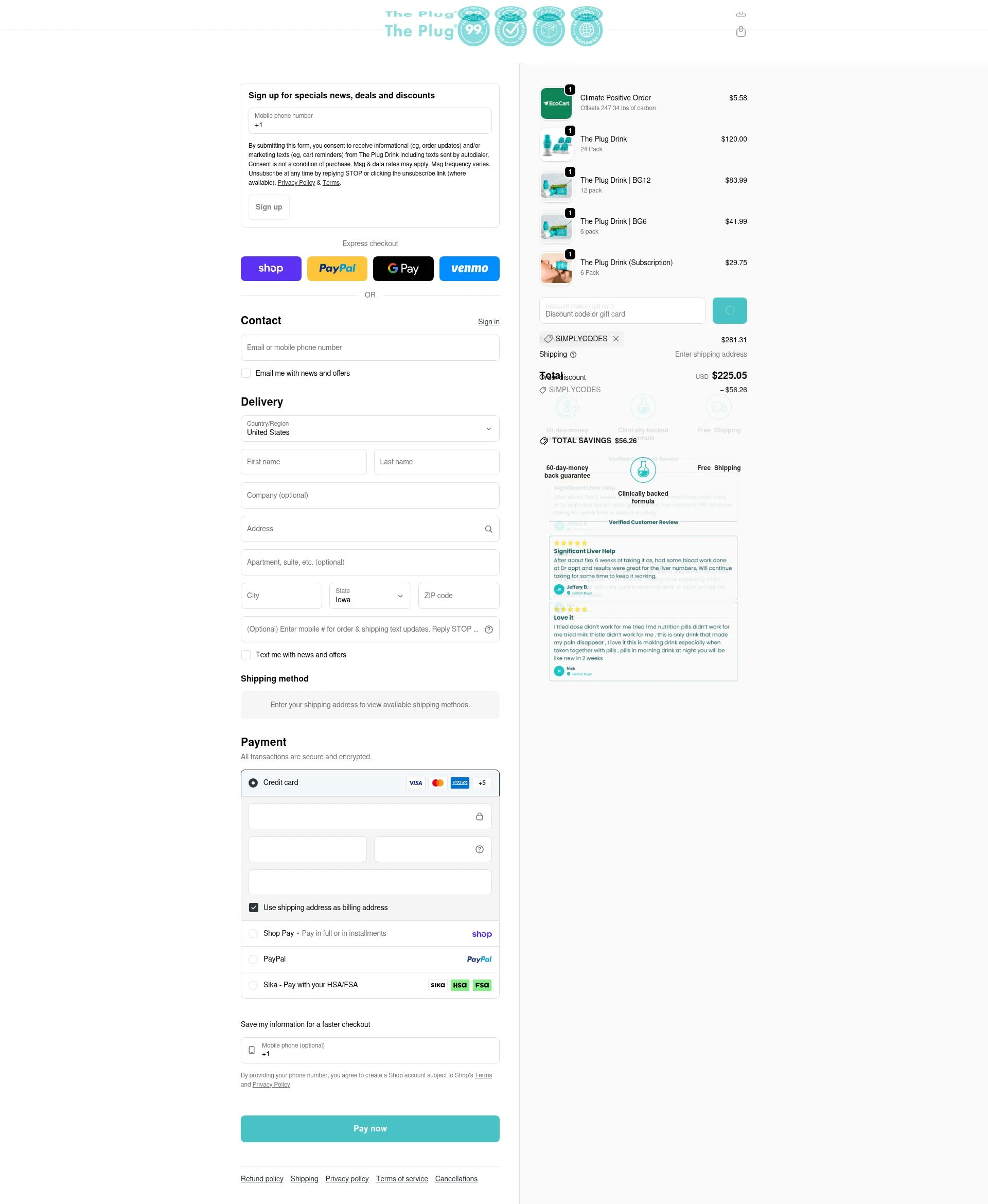 The Plug Drink checkout page showing The Plug Drink discount code box | Screenshot taken by SimplyCodes community member on Feb 5, 2026