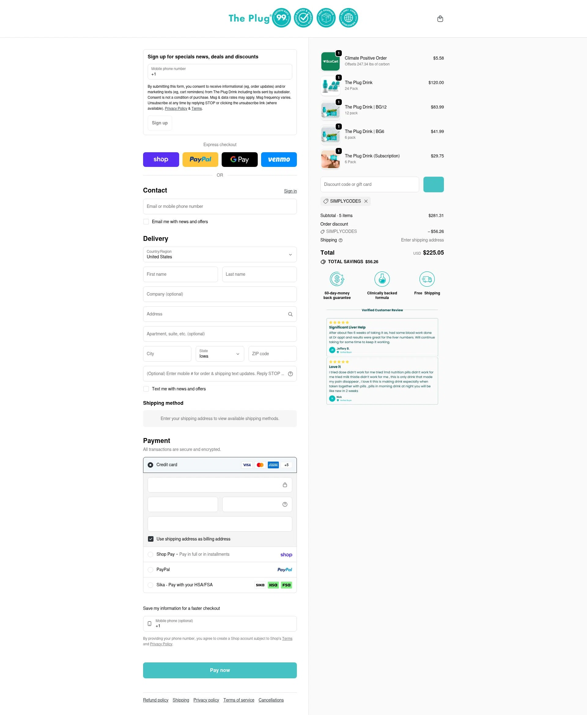 The Plug Drink checkout page showing The Plug Drink discount code box | Screenshot taken by SimplyCodes community member on Feb 9, 2026