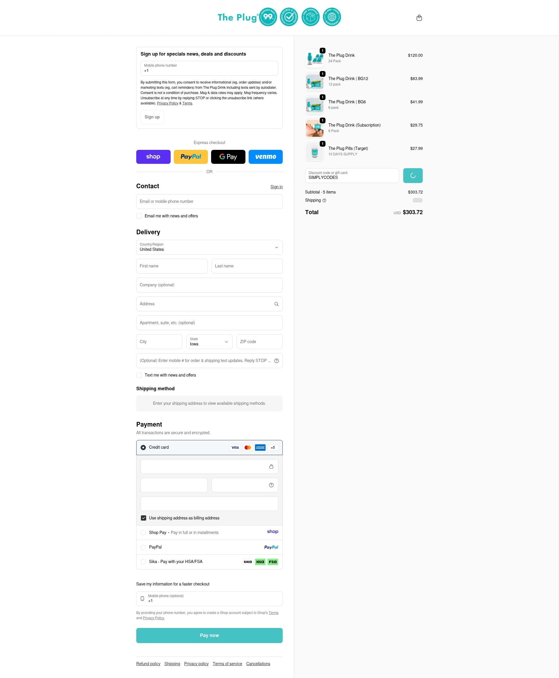 The Plug Drink checkout page showing The Plug Drink discount code box | Screenshot taken by SimplyCodes community member on Jan 18, 2026