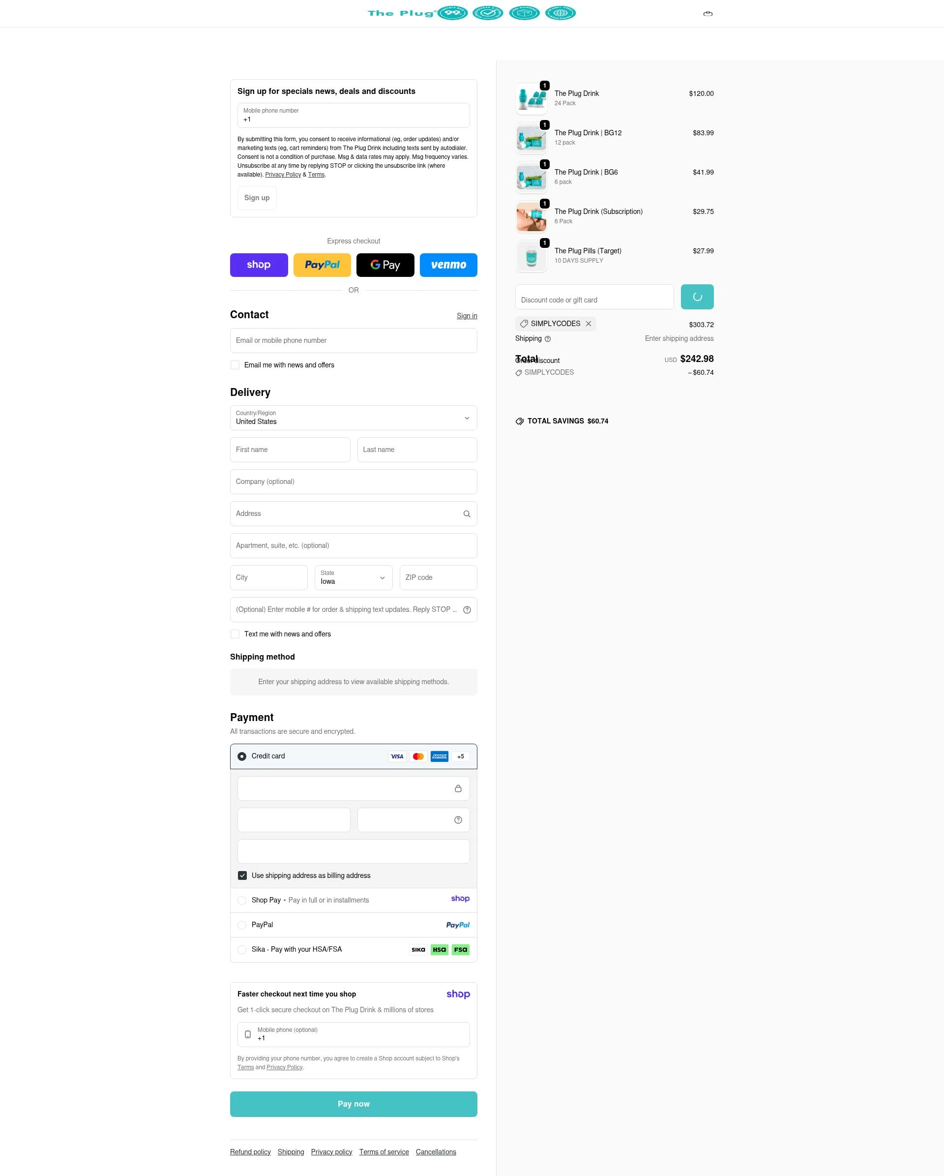 The Plug Drink checkout page showing The Plug Drink discount code box | Screenshot taken by SimplyCodes community member on Jan 13, 2026
