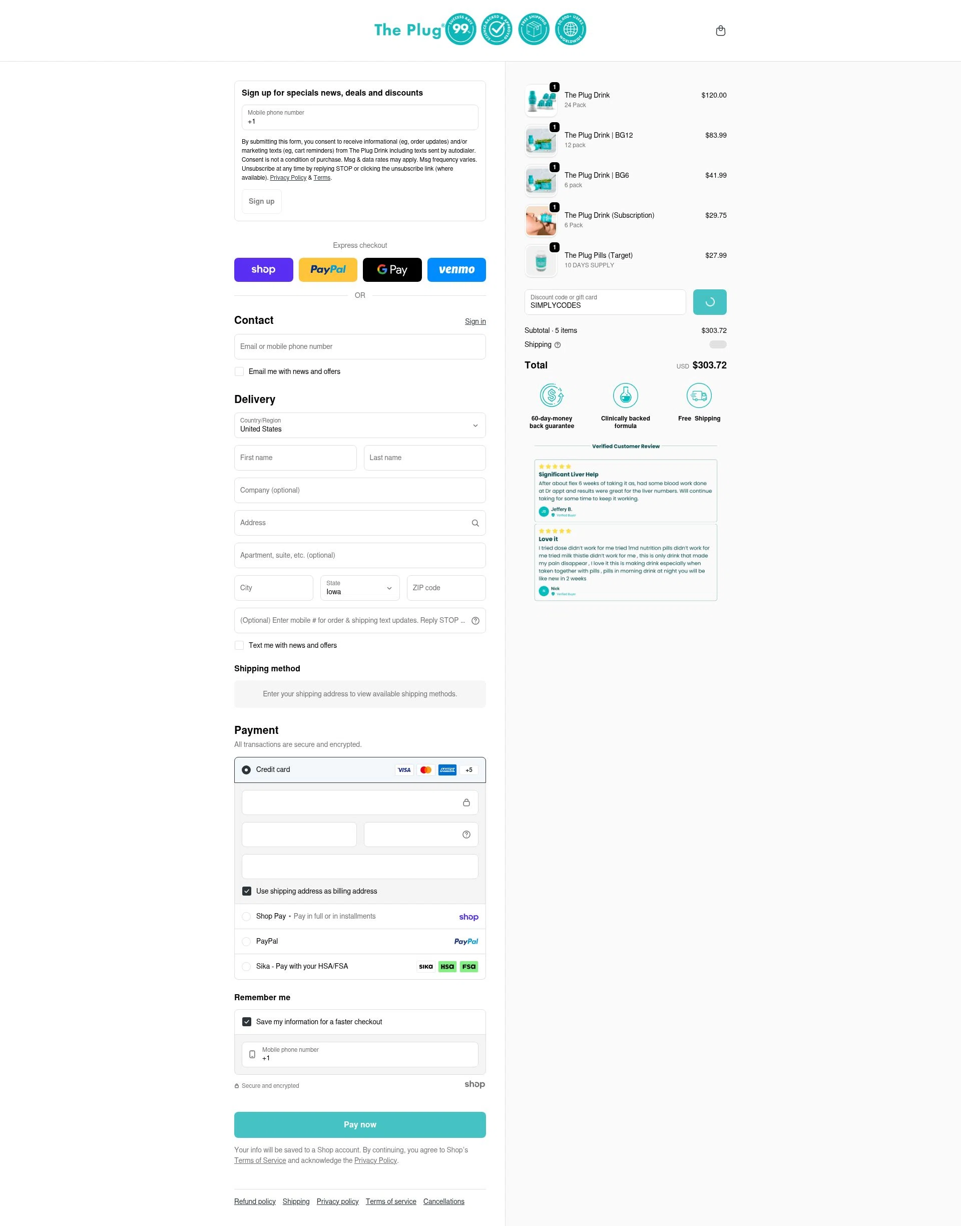 The Plug Drink checkout page showing The Plug Drink discount code box | Screenshot taken by SimplyCodes community member on Jan 27, 2026