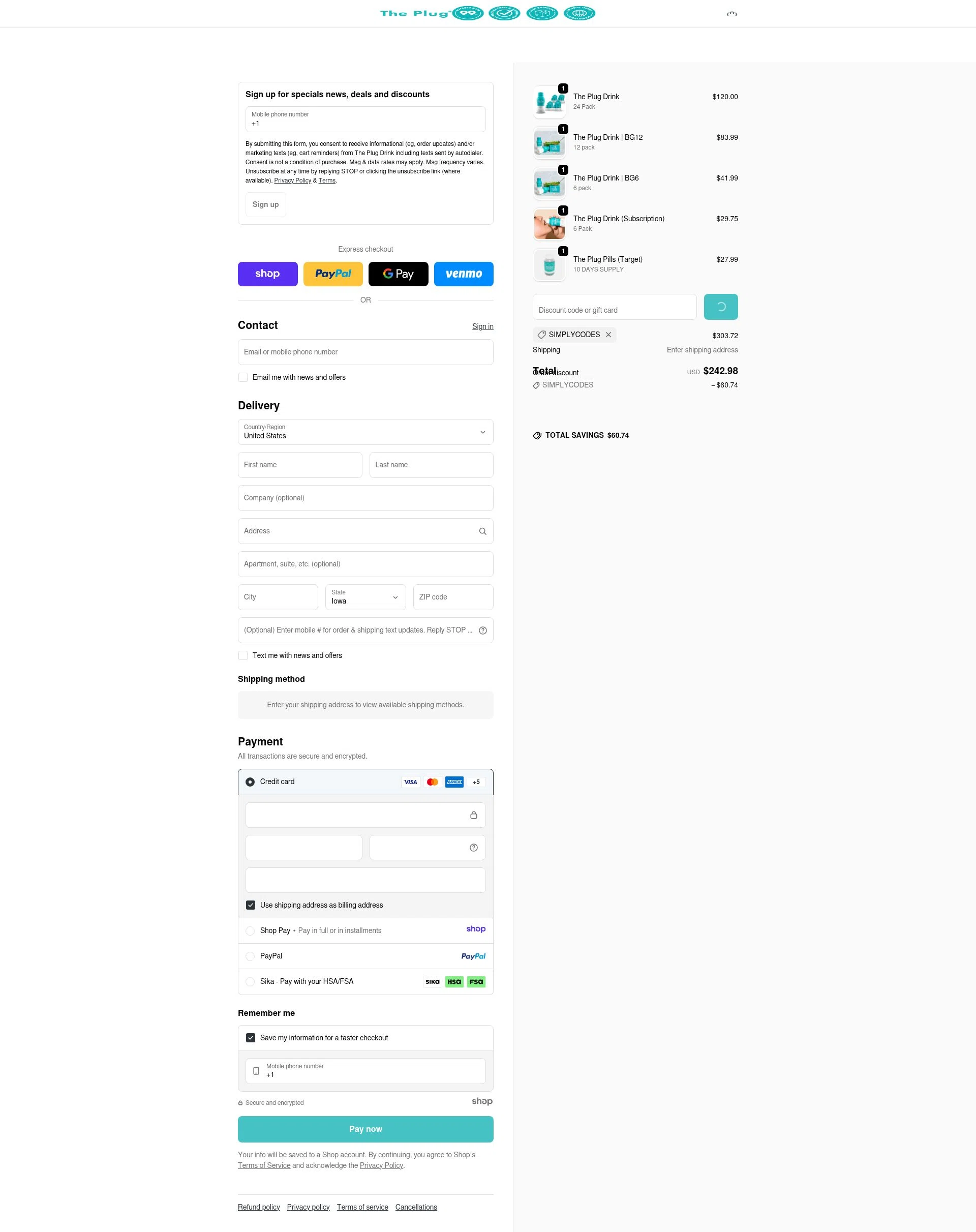 The Plug Drink checkout page showing The Plug Drink discount code box | Screenshot taken by SimplyCodes community member on Dec 29, 2025