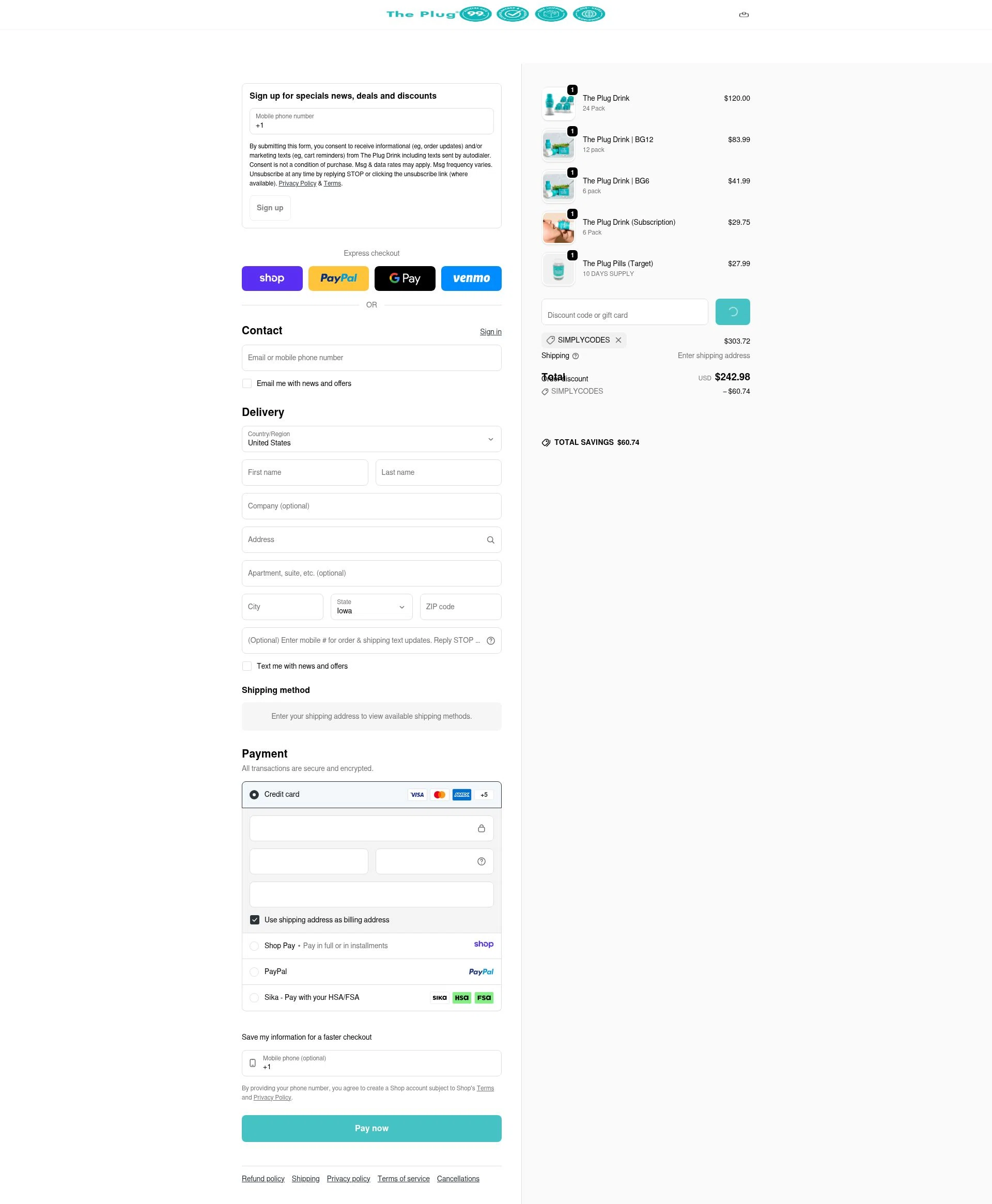 The Plug Drink checkout page showing The Plug Drink discount code box | Screenshot taken by SimplyCodes community member on Jan 8, 2026