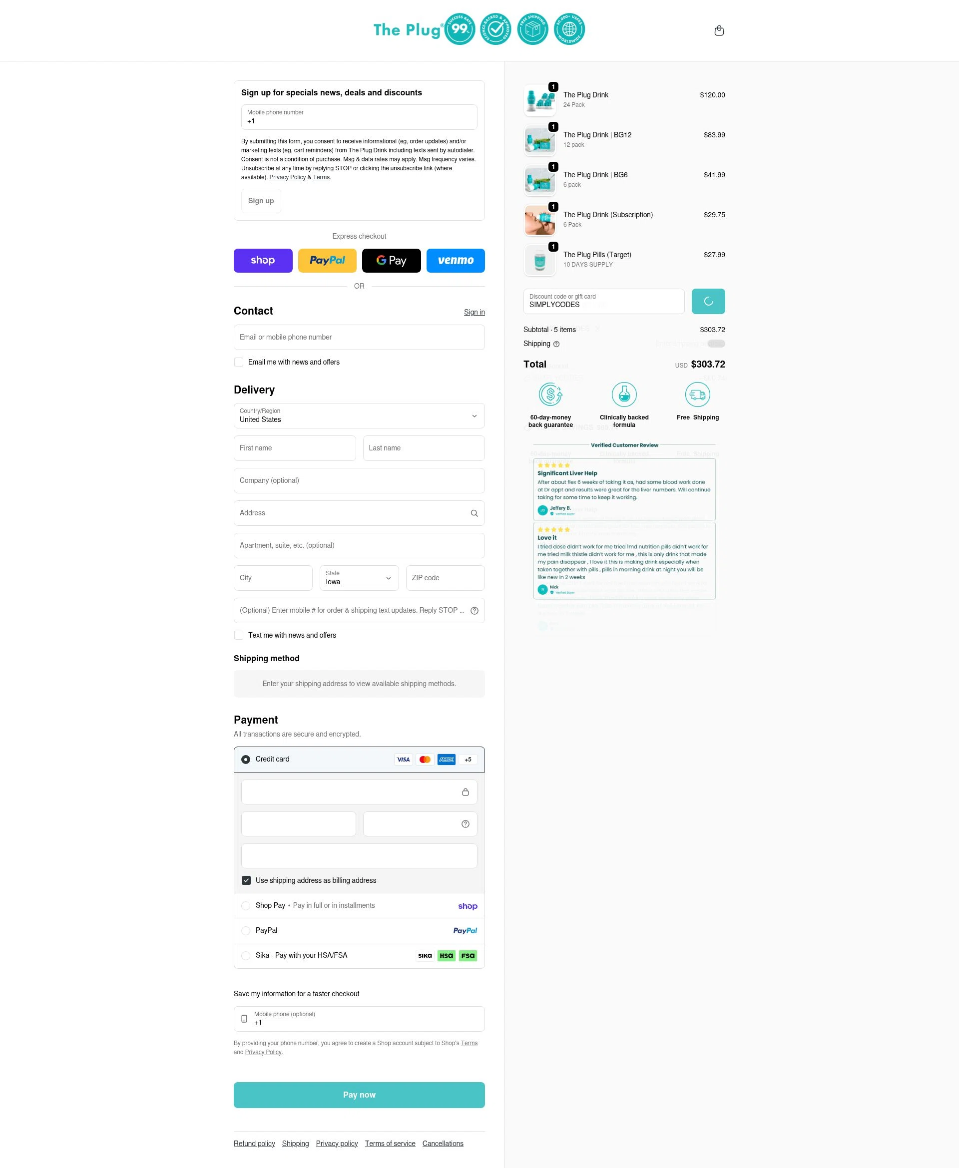 The Plug Drink checkout page showing The Plug Drink discount code box | Screenshot taken by SimplyCodes community member on Feb 1, 2026