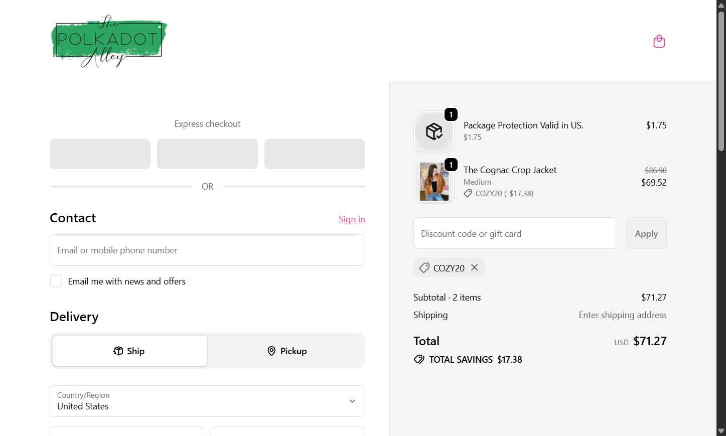 The Polkadot Alley checkout page showing The Polkadot Alley promo code box | Screenshot taken by SimplyCodes community member on Dec 17, 2025
