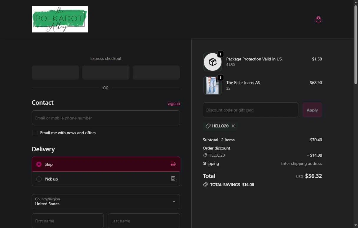 The Polkadot Alley checkout page showing The Polkadot Alley promo code box | Screenshot taken by SimplyCodes community member on Jan 23, 2026