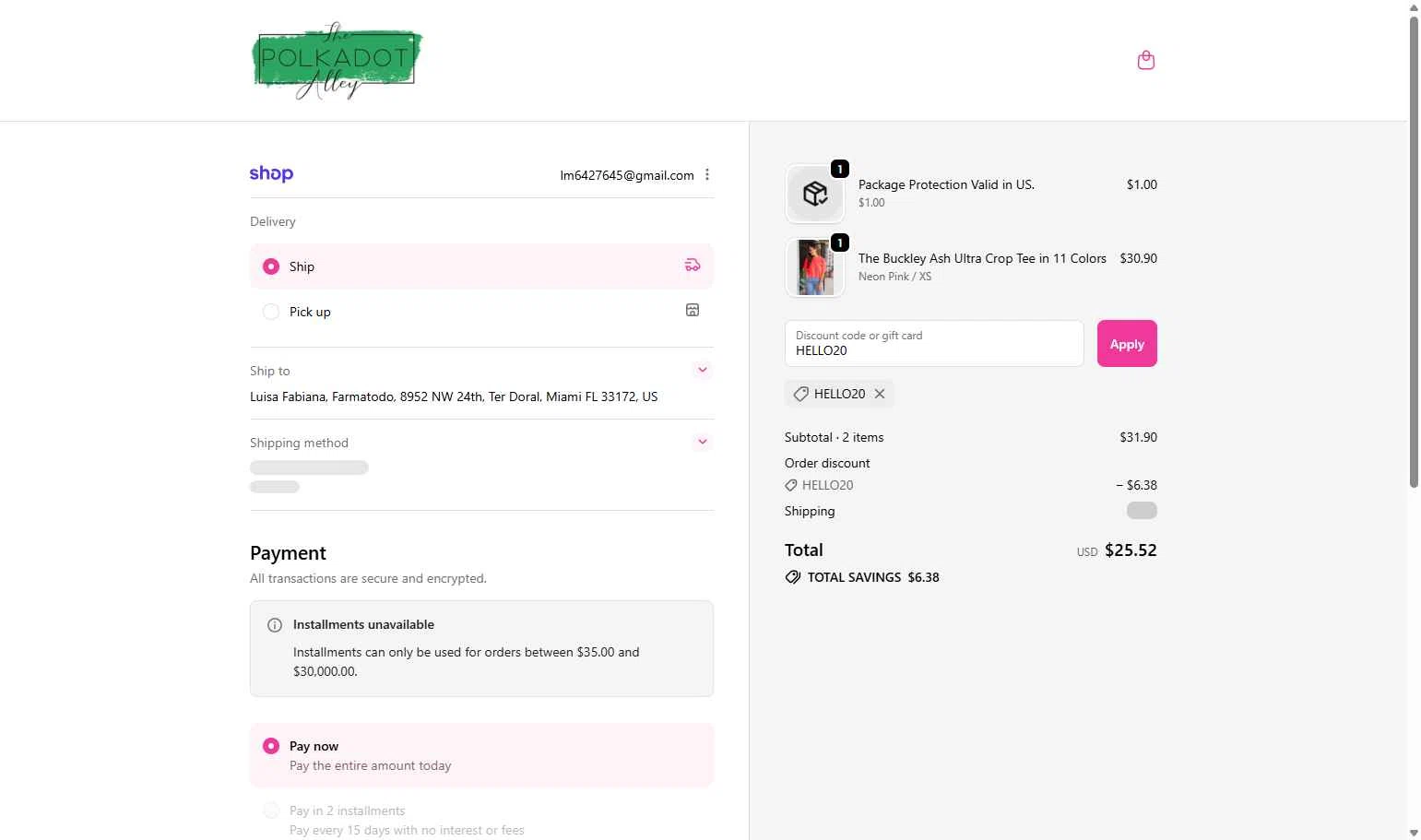 The Polkadot Alley checkout page showing The Polkadot Alley promo code box | Screenshot taken by SimplyCodes community member on Feb 2, 2026