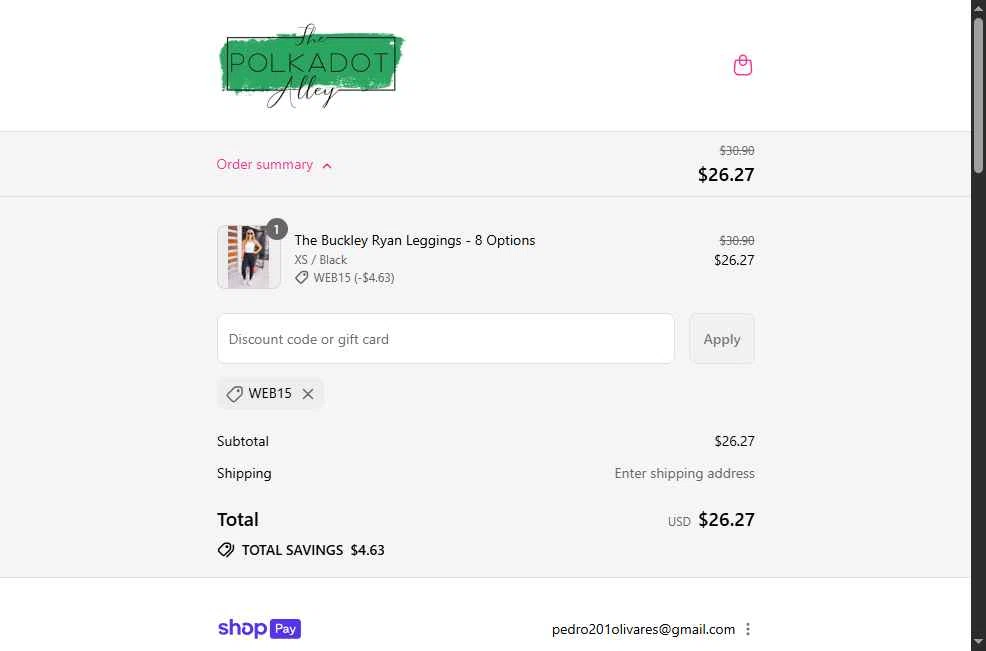 The Polkadot Alley checkout page showing The Polkadot Alley promo code box | Screenshot taken by SimplyCodes community member on Aug 13, 2025