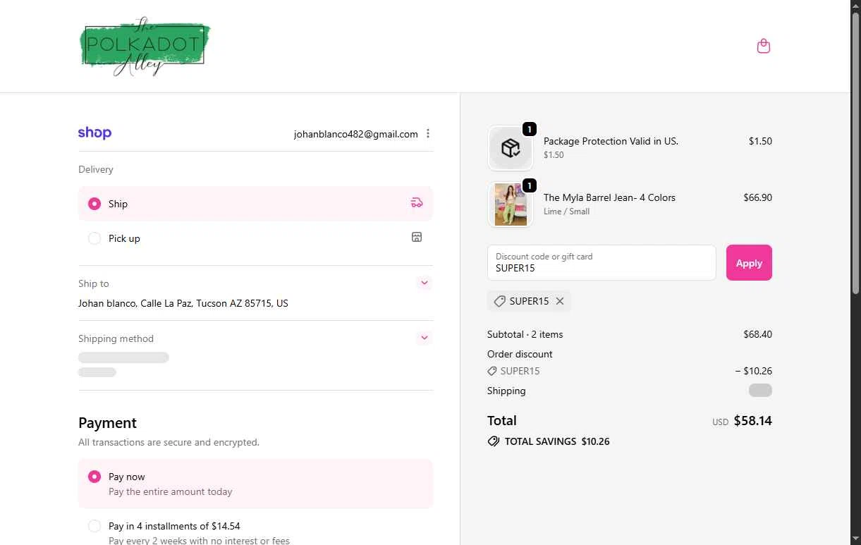 The Polkadot Alley checkout page showing The Polkadot Alley promo code box | Screenshot taken by SimplyCodes community member on Feb 8, 2026
