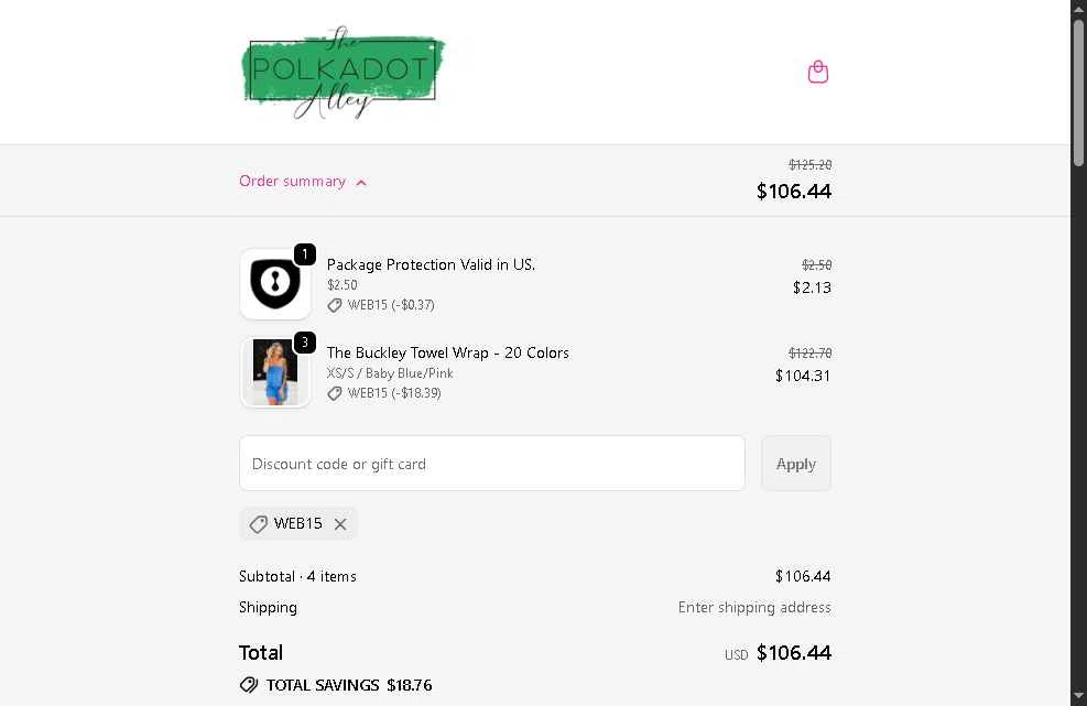 The Polkadot Alley checkout page showing The Polkadot Alley promo code box | Screenshot taken by SimplyCodes community member on Oct 23, 2025