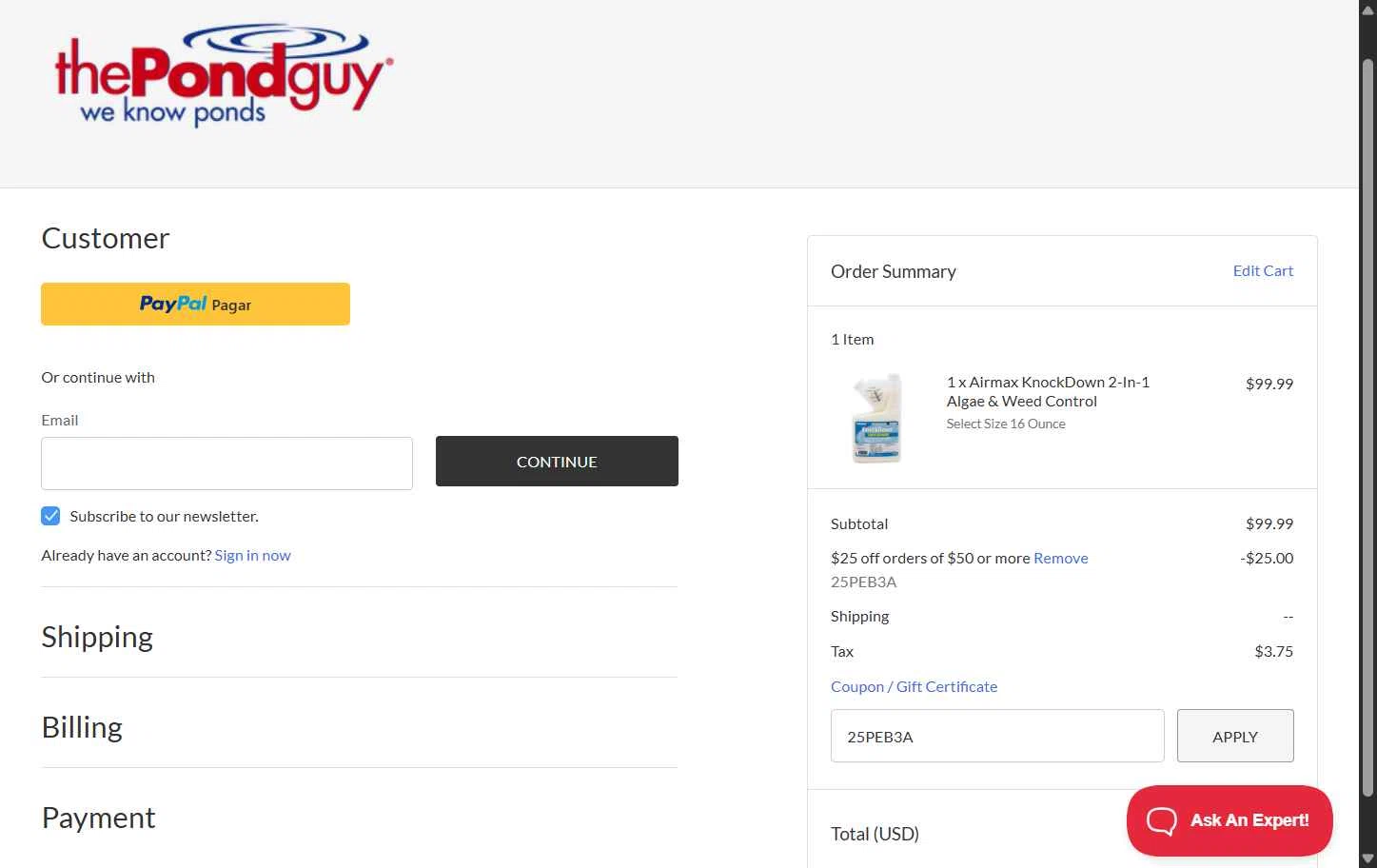 The Pond Guy checkout page showing The Pond Guy promo code box | Screenshot taken by SimplyCodes community member on Oct 3, 2025