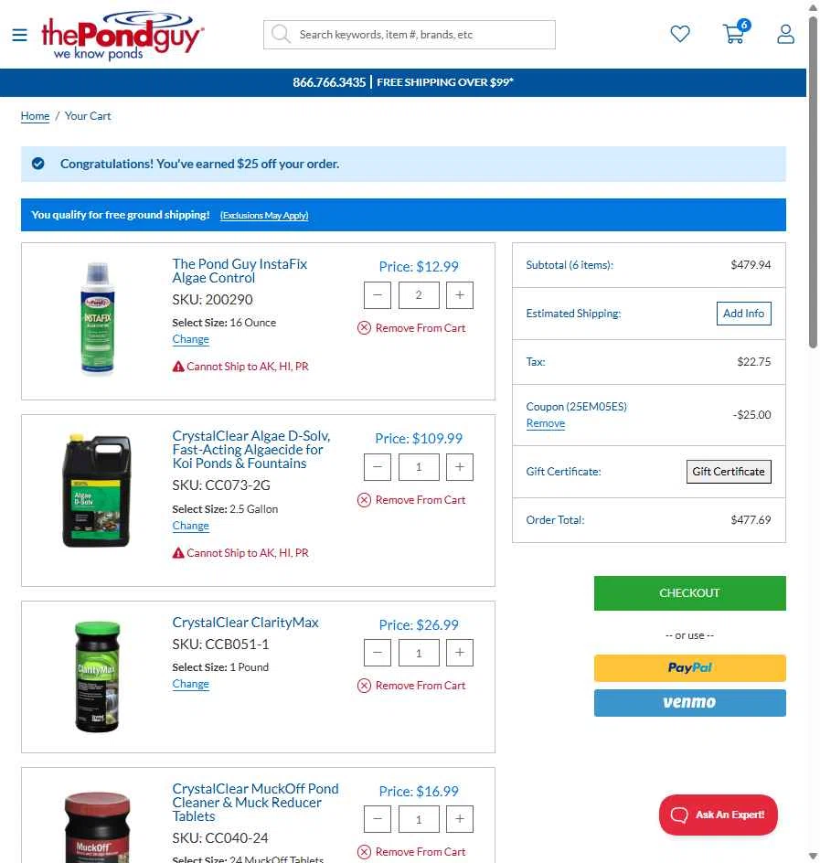 The Pond Guy checkout page showing The Pond Guy promo code box | Screenshot taken by SimplyCodes community member on Aug 19, 2025