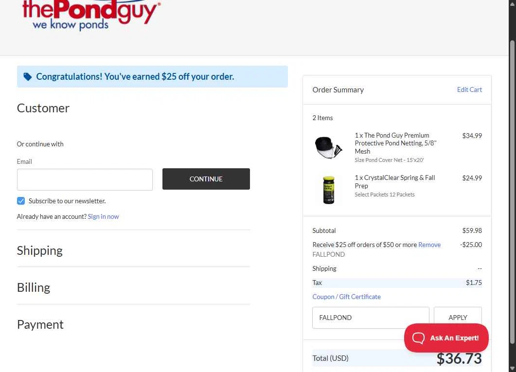 The Pond Guy checkout page showing The Pond Guy promo code box | Screenshot taken by SimplyCodes community member on Nov 21, 2025