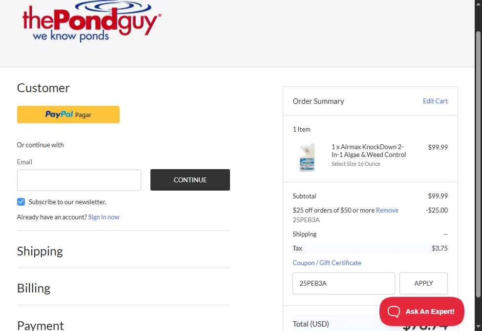 The Pond Guy checkout page showing The Pond Guy promo code box | Screenshot taken by SimplyCodes community member on Aug 6, 2025