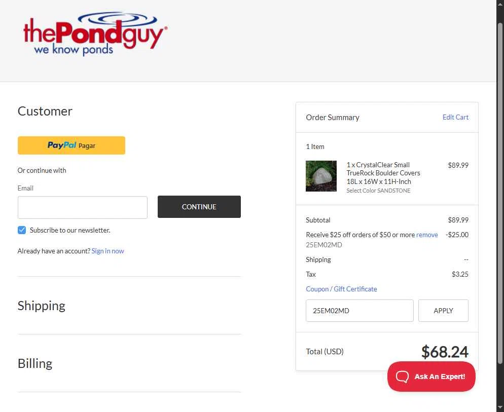 The Pond Guy checkout page showing The Pond Guy promo code box | Screenshot taken by SimplyCodes community member on May 13, 2025