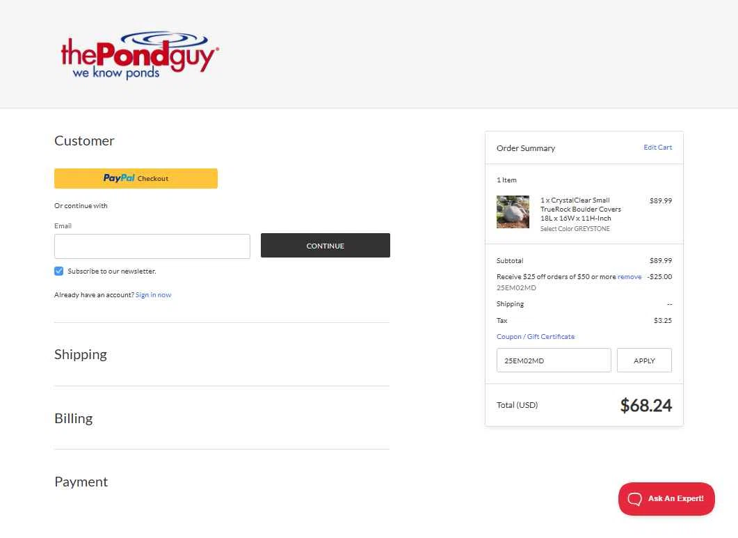 The Pond Guy checkout page showing The Pond Guy promo code box | Screenshot taken by SimplyCodes community member on May 13, 2025