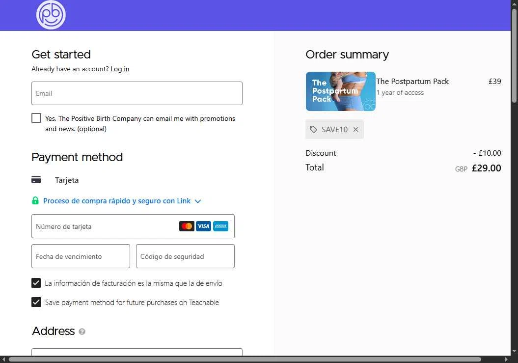 The Positive Birth Company checkout page showing The Positive Birth Company discount code box | Screenshot taken by SimplyCodes community member on Nov 10, 2025