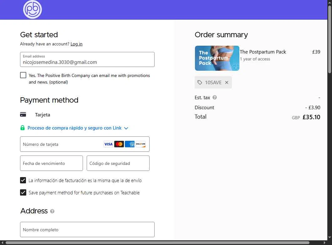 The Positive Birth Company checkout page showing The Positive Birth Company discount code box | Screenshot taken by SimplyCodes community member on Oct 13, 2025