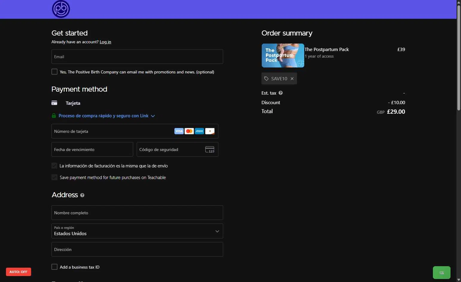 The Positive Birth Company checkout page showing The Positive Birth Company discount code box | Screenshot taken by SimplyCodes community member on Nov 10, 2025