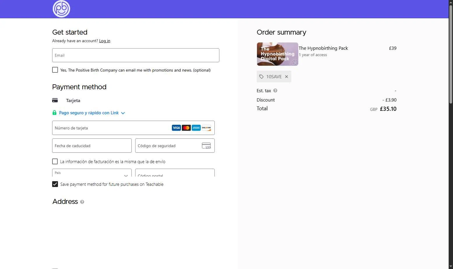 The Positive Birth Company checkout page showing The Positive Birth Company discount code box | Screenshot taken by SimplyCodes community member on Nov 10, 2025
